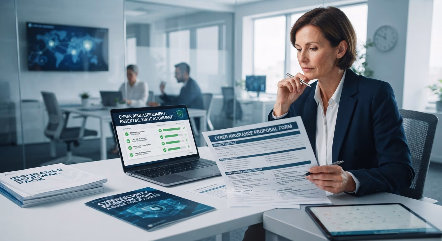 A business professional reviews a cyber insurance proposal and risk assessment form in an office.