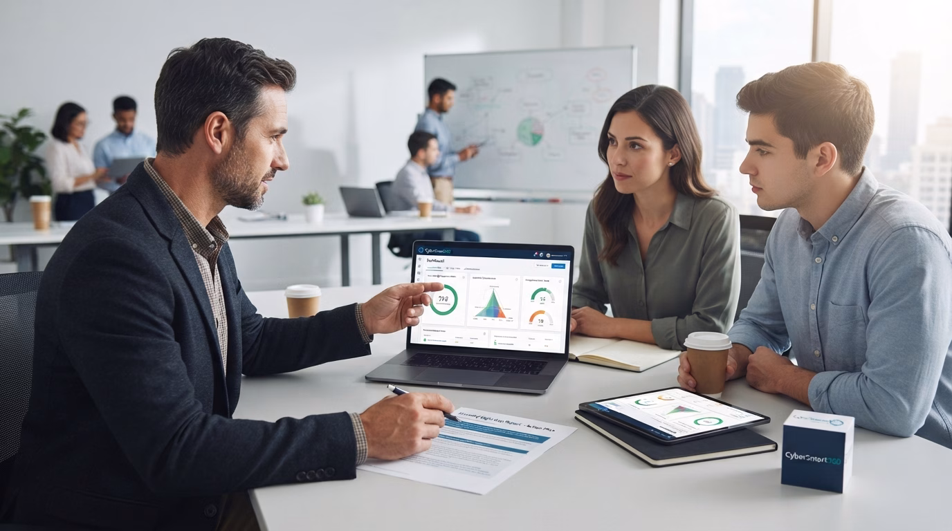An IT consultant presents data on a laptop and tablet to two clients in a modern office.