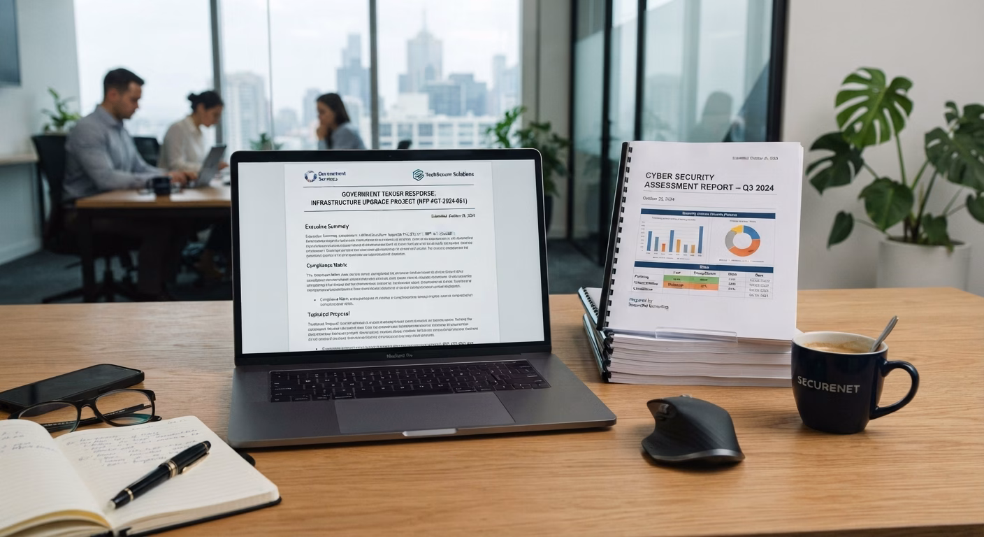 A desk in a modern office with a laptop displaying a government document, a cybersecurity report, glasses, a notebook, a mouse, and a coffee mug. In the background, three people work by a window overlooking a city.