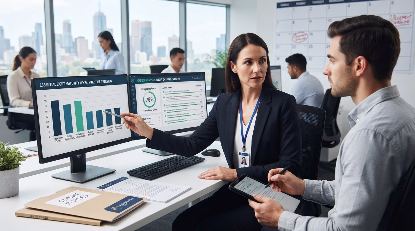 An accountant in a professional office discusses cybersecurity compliance data on monitors with a client.