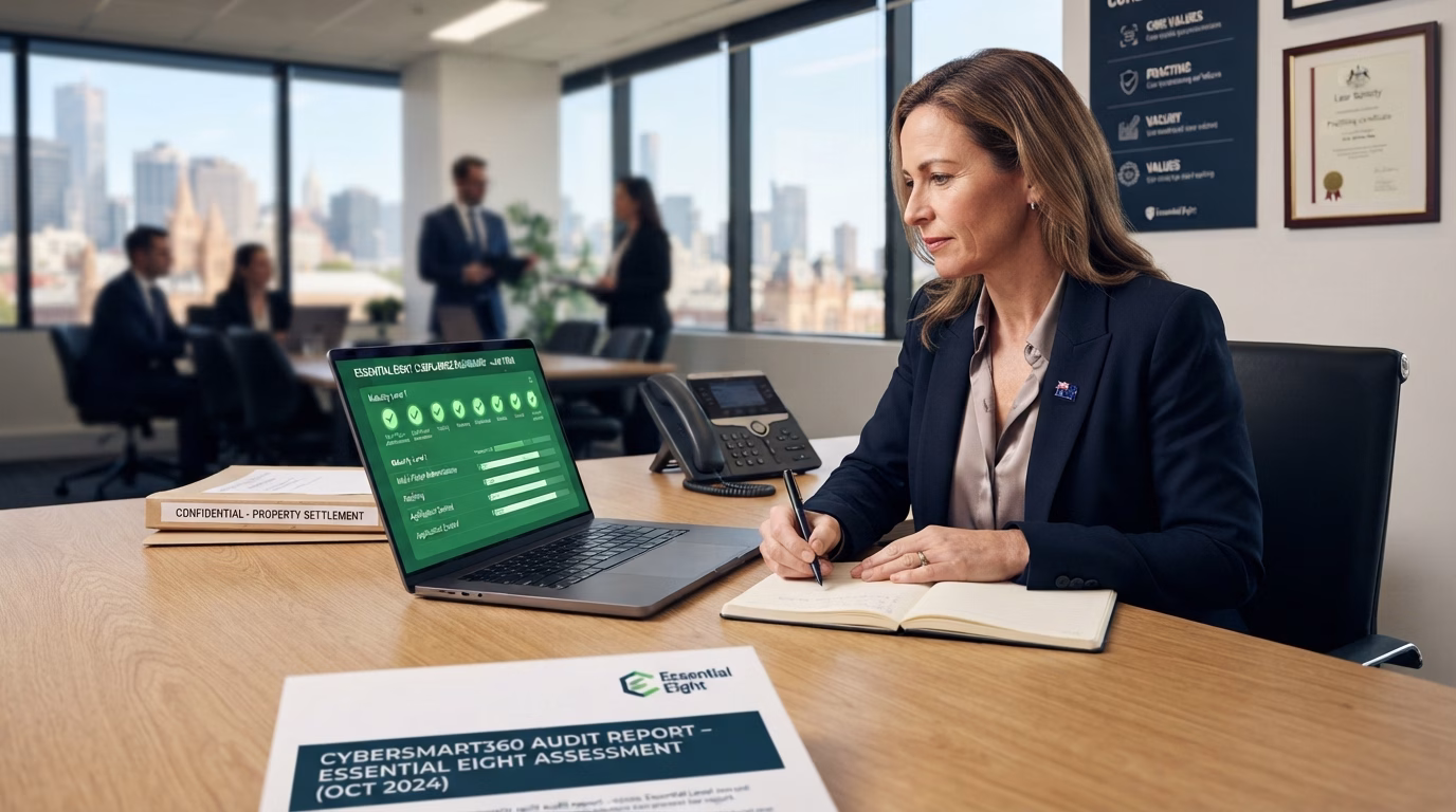 A lawyer reviews an Essential Eight cybersecurity audit report in a professional office.