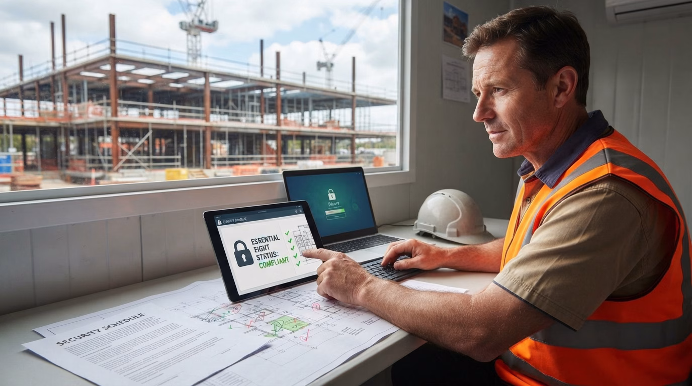 A construction manager in an office overlooking a building site reviews a tablet displaying a 'Security Schedule' and 'Essential Eight Compliant' status.