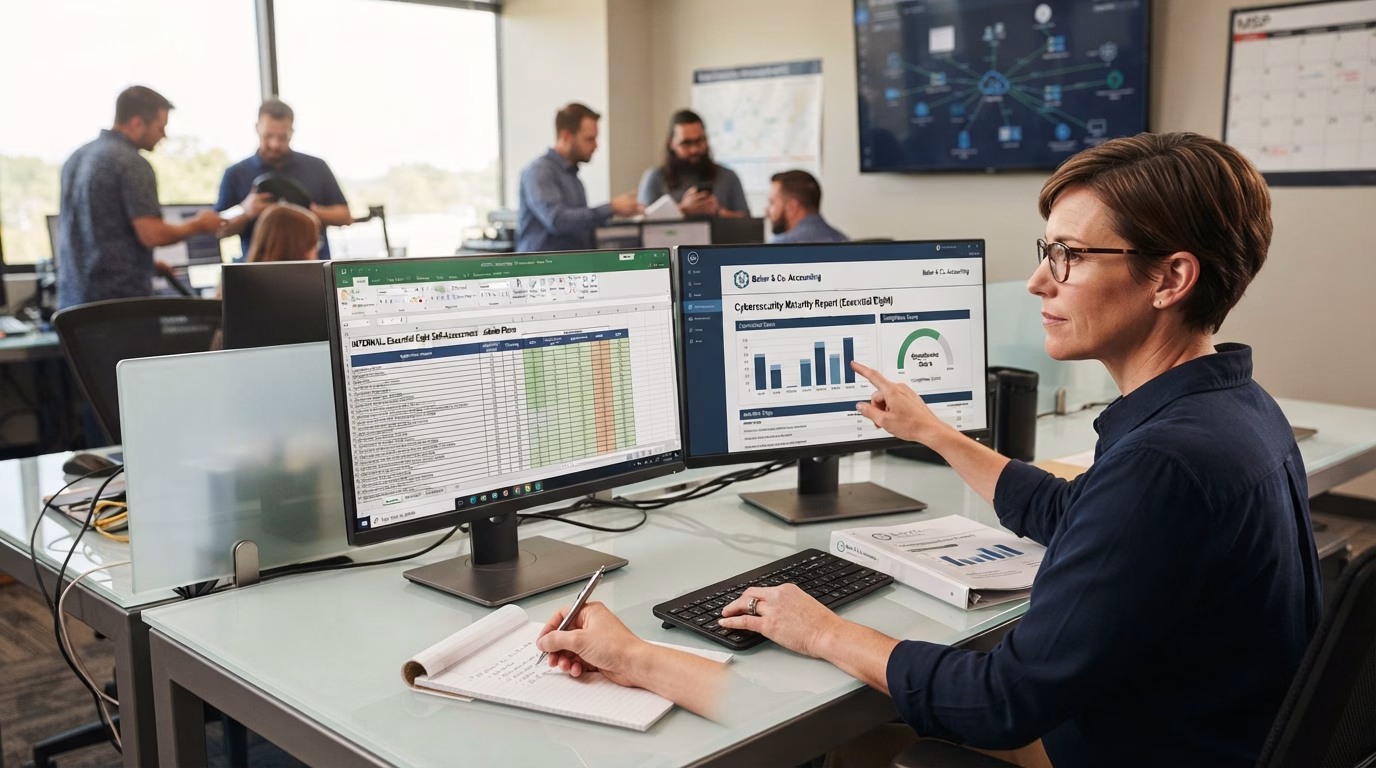 An IT professional points to a dashboard on a dual-monitor setup while taking notes in an office setting.