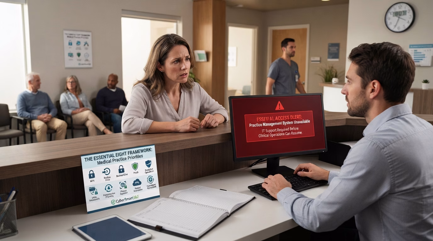 In a medical reception, a female patient looks concerned as a male receptionist addresses a computer error message about the system being unavailable, indicating a cyber security incident impacting practice operations and the Essential Eight framework.