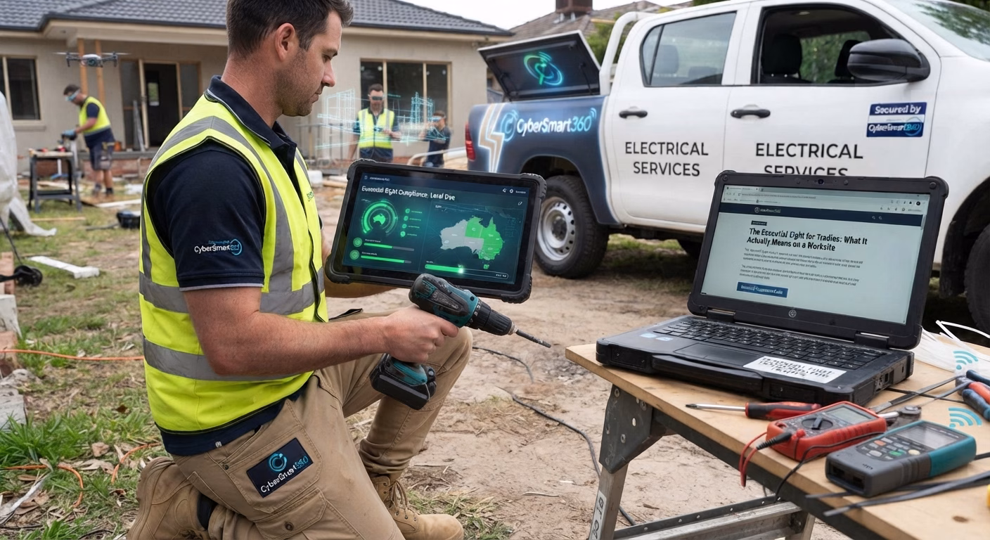 A tradie on a construction site holds a drill and a tablet showing a cyber compliance map, with a branded service truck and open laptop displaying a webpage in the background.