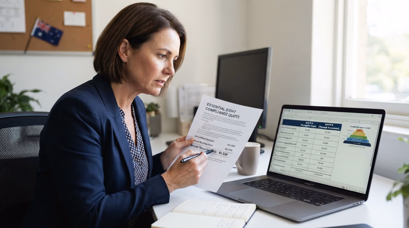 An accountant in a professional office discusses cybersecurity compliance data on monitors with a client.